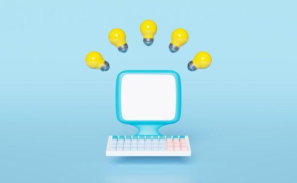 笔记本电脑显示器与黄色灯泡隔离在蓝色背景。想法提示概念，3d插图，3d渲染图片下载
