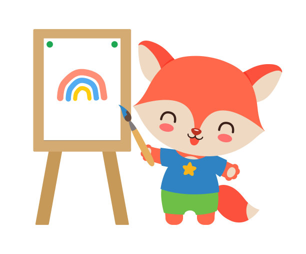 卡哇伊的狐狸。可爱的艺术家狐狸用画笔和画架画画。图片下载