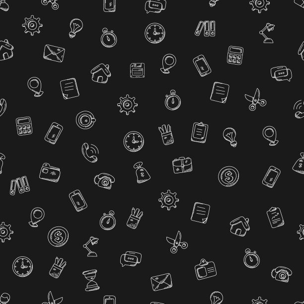 无缝模式的涂鸦风格，白色的商业图标在黑色背景上描绘了一个信封，一个齿轮，一个灯泡。秒表，剪刀，计算器，矢量平面插图。图片下载