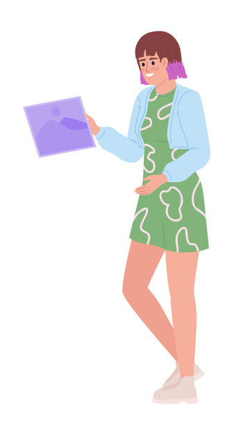 微笑的时尚女子手持印刷图片半平面彩色矢量字符图片下载