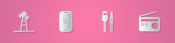设置剪纸卫星天线，5G手机，USB数据线和无线电图标。纸艺术风格。向量图片下载
