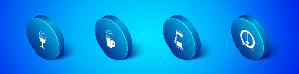 设置等距杯啤酒，啤酒龙头，木桶和图标。向量图片下载