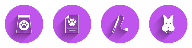 宠物食品袋，医疗临床记录，宠物猫玩具和狗长影子图标。向量图片下载