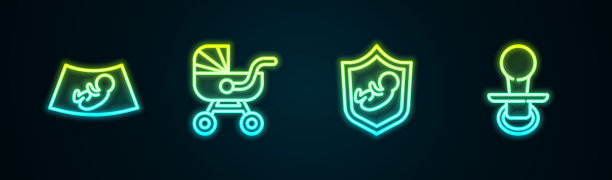设置婴儿超声线，婴儿车，护罩和假奶嘴。发光的霓虹灯图标。向量图片下载