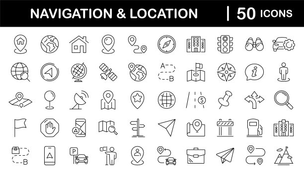 导航和位置设置的网页图标在线条风格。地图位置和导航图标的网页和移动应用程序。地图针，GPS，指南针，导航仪，标记，地图，指针，交通，旅行，方向图片下载