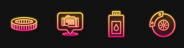 设置电机机油罐，汽车空气滤清器，用卡尺检查发动机和制动盘。发光的霓虹灯图标。向量图片下载