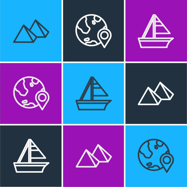 设置线埃及金字塔，游艇帆船和位置上的全球图标。向量图片下载