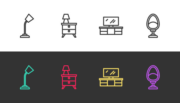 将线条台灯、床头柜、电视桌、扶手椅设置成黑白两色。向量图片下载