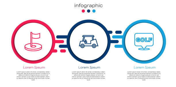 设置线高尔夫球洞与旗帜，汽车和标签。业务信息图模板。向量图片下载