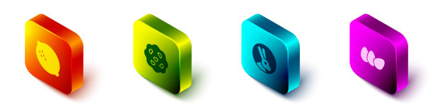 设置等距柠檬，饼干或饼干，兔子和鸡蛋图标。向量图片下载