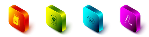 设置等距食品袋宠物，医疗临床记录，宠物碗猫狗和玩具图标。向量图片下载