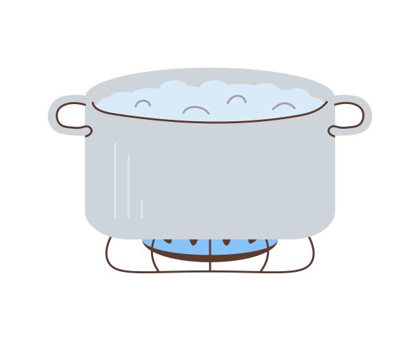 在锅里烧开水。平底锅放在厨房煤气炉上。一壶开水。平面矢量插图在白色孤立的背景。图片下载