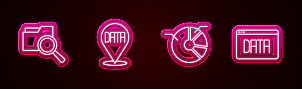 设置线搜索文件夹，数据分析，饼图信息图和。发光的霓虹灯图标。向量图片下载