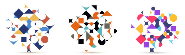 抽象几何设计集合矢量图案组成，彩色70年代复古风格模板艺术孤立在白色，创意优雅的背景。图片下载