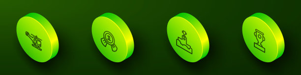 设置等距线救援直升机，奖章，获奖者领奖台和杯子图标。向量图片下载