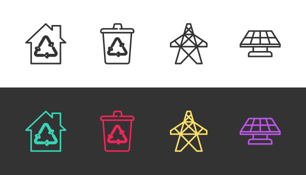 设置线生态屋回收，回收站回收，电力塔和太阳能面板在黑色和白色。向量图片下载