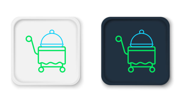 线覆盖的托盘上的食物图标孤立的白色背景。托盘和盖子标志。带盖子的餐厅钟。彩色轮廓概念。向量图片下载