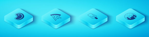 设置等距牛排肉，披萨片，甜甜圈和冰淇淋图标。向量图片下载