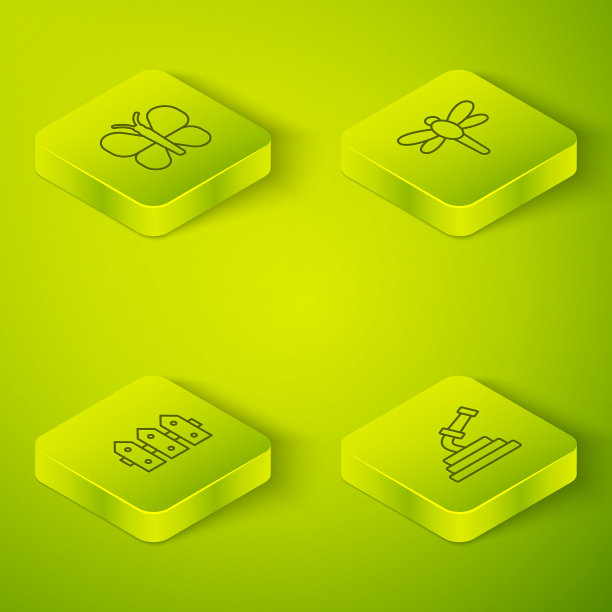 设置等距线蜻蜓，花园围栏木，软管和蝴蝶图标。向量图片下载