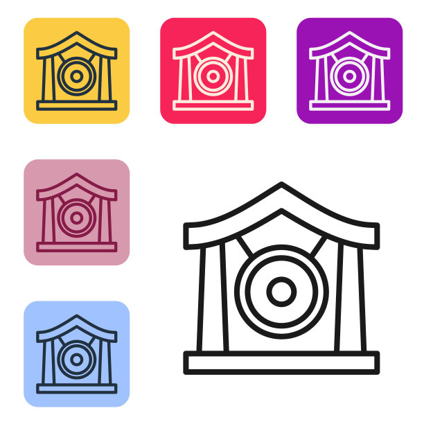 黑线锣音乐打击乐器圆形金属盘图标孤立在白色背景上。设置图标为彩色方框按钮。向量图片下载