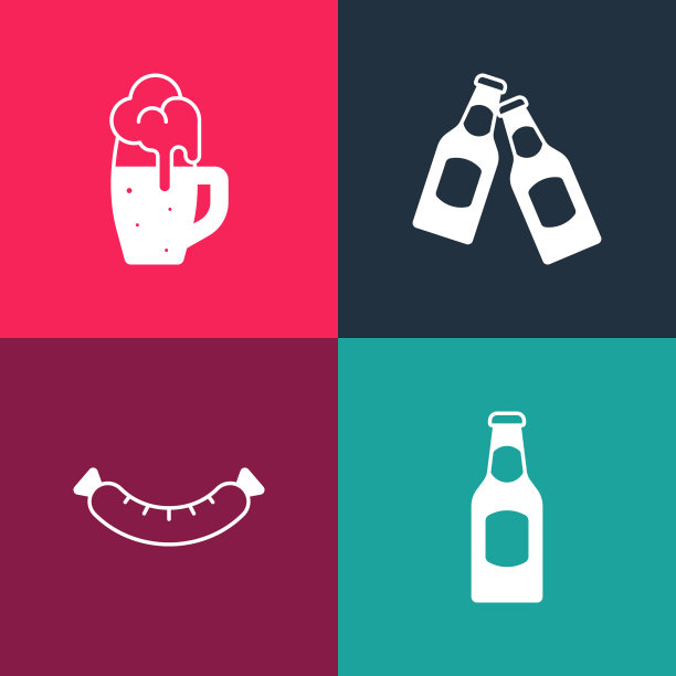 集流行艺术啤酒瓶，香肠，和玻璃杯的啤酒图标。向量图片下载