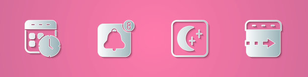 设置剪纸日历和时钟，闹钟应用程序移动，月亮星星和时间飞行的图标。纸艺术风格。向量图片下载