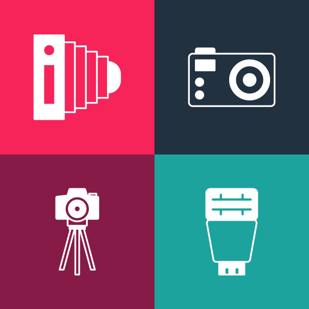 设置流行艺术照片相机闪光灯，，和图标。向量图片下载