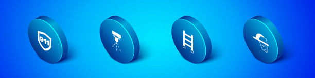 设置等距紧急呼叫911，消防逃生通道，消防头盔和自动喷水灭火系统图标。向量图片下载