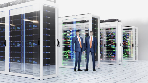 商务人士在现代服务器室，数据中心或采矿农场内部与美丽的霓虹灯反射。三维渲染图图片下载