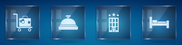 设置旅行箱，酒店服务铃，大楼和房间床。方形玻璃面板。向量图片下载