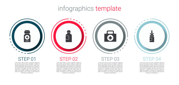套装药瓶、药液瓶、急救箱、鼻喷雾剂。业务信息图模板。向量图片下载