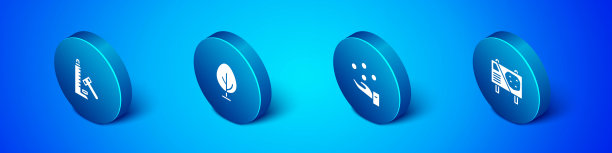 设置等距射手吸引力与锤子，杂耍球，游乐园广告牌和树图标。向量图片下载