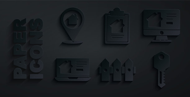 设置花园围栏木制，在线房地产房子，房子钥匙，合同和位置与图标。向量图片下载