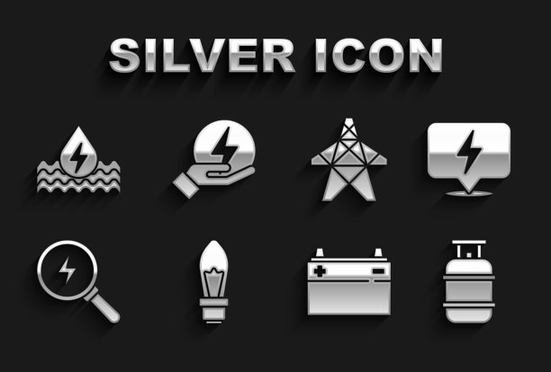 设置灯泡，闪电螺栓，丙烷气罐，汽车电池，电力塔，水能源和图标。向量图片下载