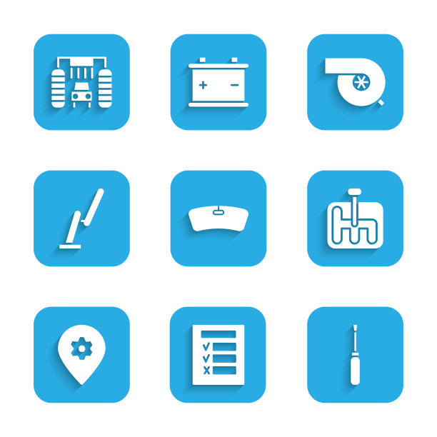 设置挡风玻璃，汽车检查，螺丝刀，换挡器，汽车服务位置，挡风玻璃雨刷，汽车涡轮增压器和清洗图标。向量图片下载