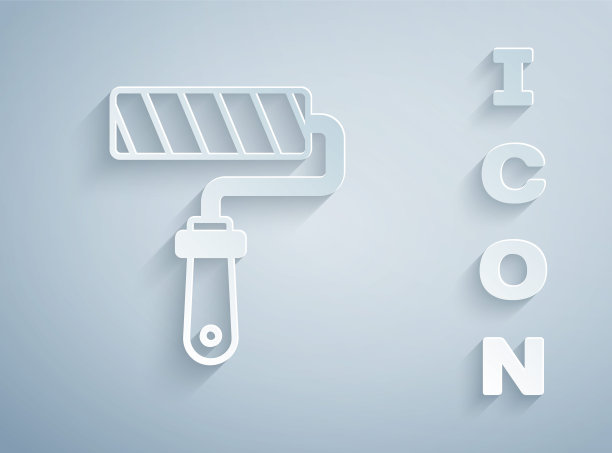 剪纸油漆滚筒刷图标隔离在灰色背景上。纸艺术风格。向量图片下载