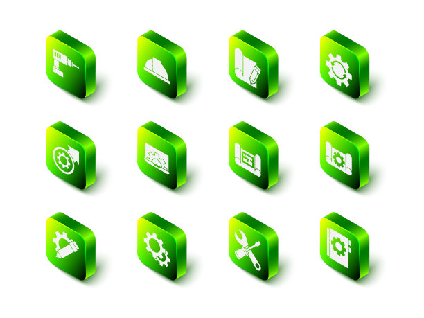 设置工人安全帽，绘图纸和铅笔，齿轮箭头为工作流程，齿轮，用户手册，房屋平面图，螺丝刀扳手扳手和图标。向量图片下载