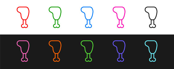 设置线鸡腿图标孤立在黑白背景。鸡腿。向量图片下载