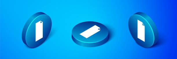 等距握带上的滑板图标隔离在蓝色背景。蓝色圆圈按钮。向量图片下载