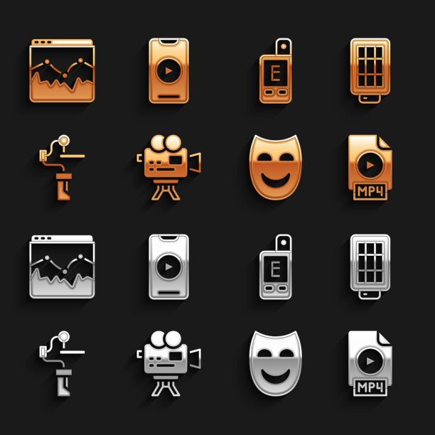 设置复古影院摄像机，Softbox灯，MP4文件文件，喜剧剧场掩模，万向节稳定器，测光表，音乐波均衡器和在线播放视频图标。向量图片下载