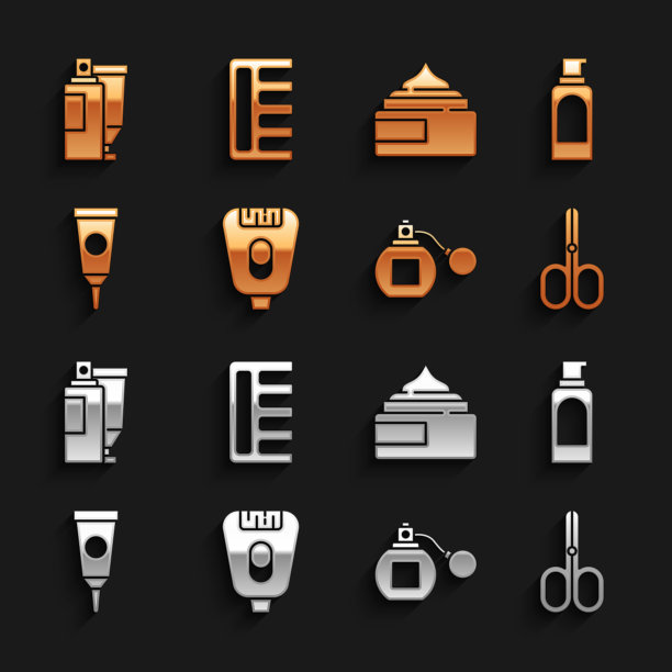 设置脱毛器，喷雾发胶罐，剪刀，香水，乳霜化妆水化妆管，和梳子图标。向量图片下载