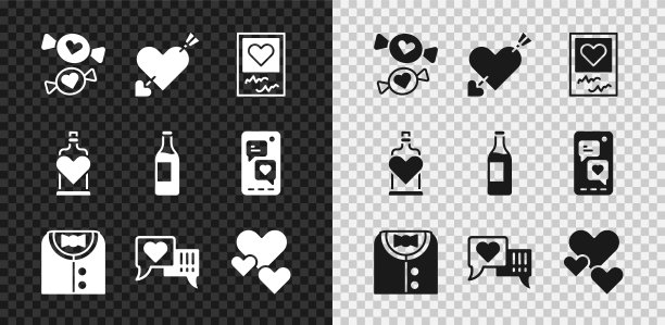 集糖果，爱与心箭头，相框心，西装，心在讲话泡泡，瓶爱情药水和酒瓶图标。向量图片下载