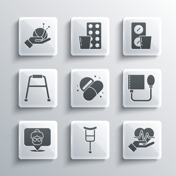 设置拐杖或拐杖，心率，血压，药片药片，养老院，步行者，纱线球与针织针和药丸水泡包图标。向量图片下载