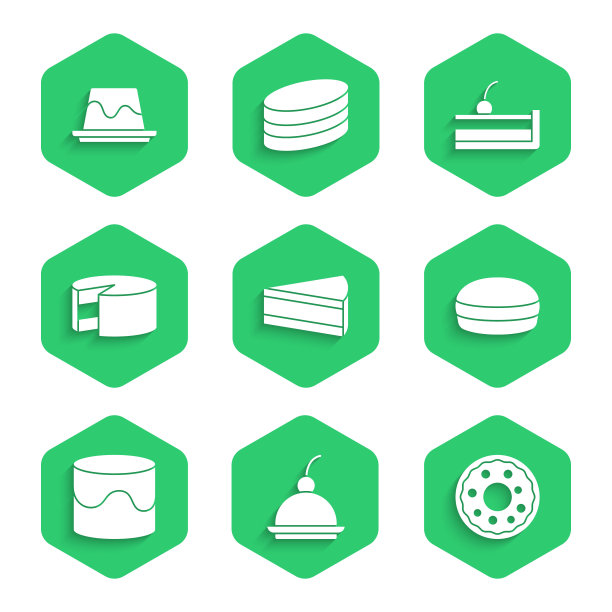 套装蛋糕，樱桃芝士蛋糕，甜甜圈，马卡龙饼干，蛋糕和布丁奶冻图标。向量图片下载