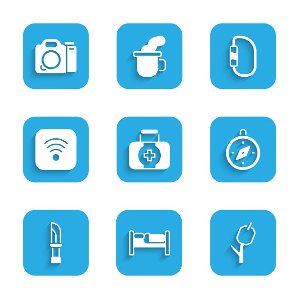 设置急救箱，床，棉花糖棒，指南针，刀，Wi-Fi无线互联网，钩环和照片相机图标。向量图片下载