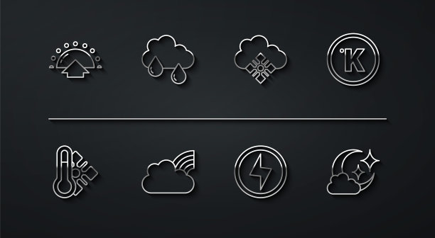集线日出，气象温度计，开尔文，闪电，彩虹与云，云雨，月亮和雪图标。向量图片下载
