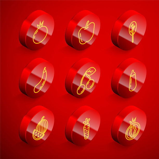 设置线番茄，苹果，菠菜，茄子，樱桃，西瓜和胡萝卜图标。向量图片下载