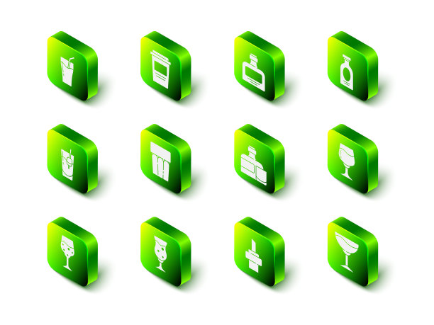 设置咖啡杯去，威士忌瓶，酒精饮料朗姆酒，葡萄酒杯，和，木软木葡萄酒和玻璃杯啤酒图标。向量图片下载