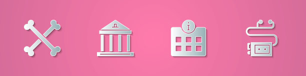 设置剪纸交叉人骨，博物馆建筑，信息和音频引导图标。纸艺术风格。向量图片下载