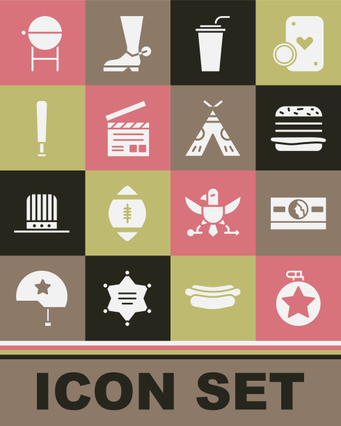 设置水壶，堆叠纸币现金，汉堡，纸玻璃与吸管，电影拍板，棒球棒，烧烤烧烤和印第安帐篷或棚屋图标。向量图片下载